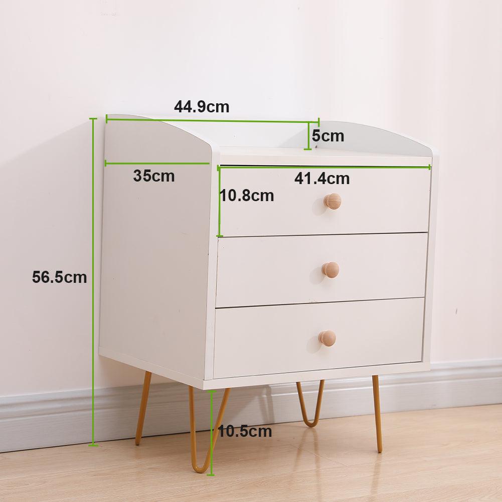 Winston 3 – Drawer Nightstand Bedside Table with Gold Steel Legs Tray Top White - John Cootes