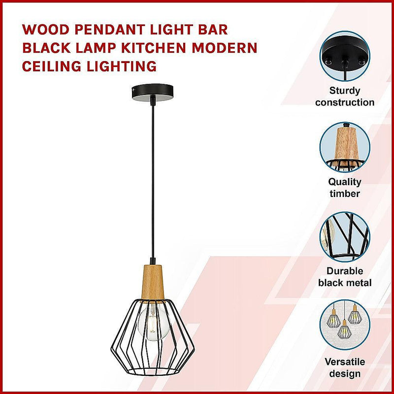 Wood Pendant Light Bar Black Lamp Kitchen Modern Ceiling Lighting - John Cootes