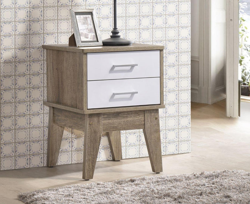 Wooden 2 Drawers Bedside Table in Light Oak Finish with White Accent - John Cootes