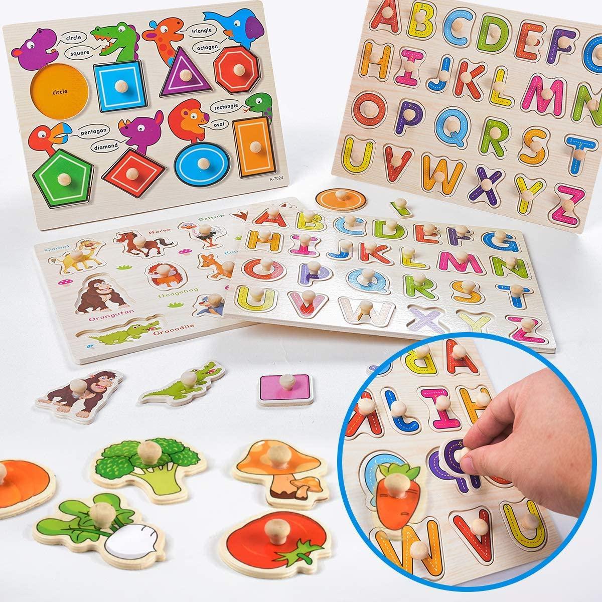 Wooden Alphabet ABC, Numbers and Farm Animals Learning Puzzles Board for Kids Preschool Educational Pegged Puzzles Activity from 3 to 4 years Old - John Cootes