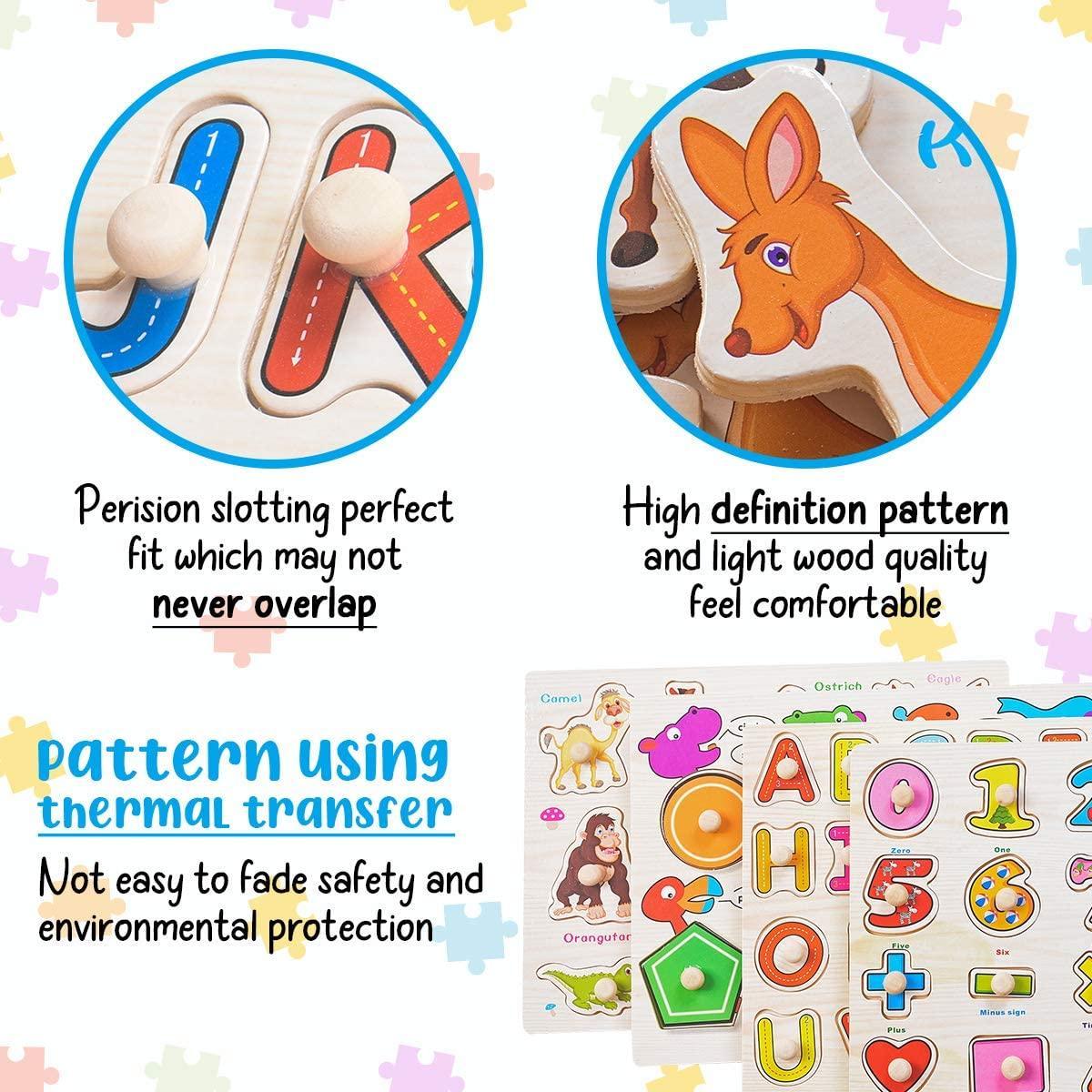 Wooden Alphabet ABC, Numbers and Farm Animals Learning Puzzles Board for Kids Preschool Educational Pegged Puzzles Activity from 3 to 4 years Old - John Cootes