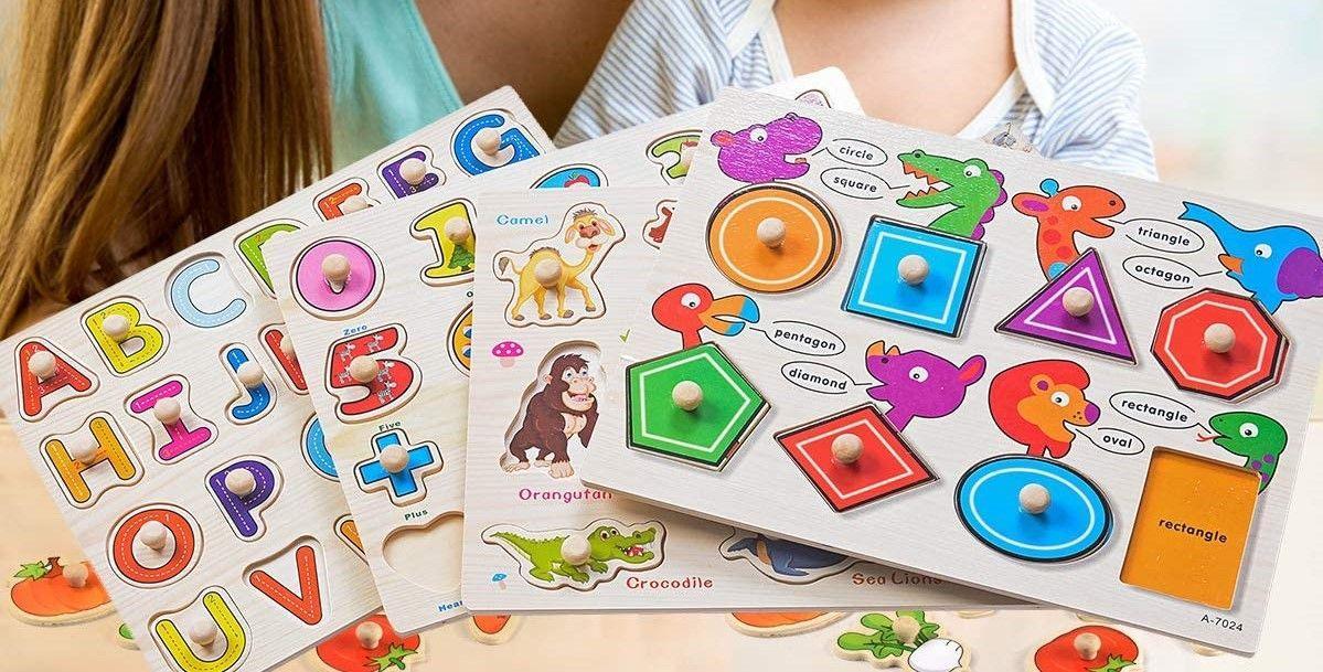 Wooden Alphabet ABC, Numbers and Farm Animals Learning Puzzles Board for Kids Preschool Educational Pegged Puzzles Activity from 3 to 4 years Old - John Cootes