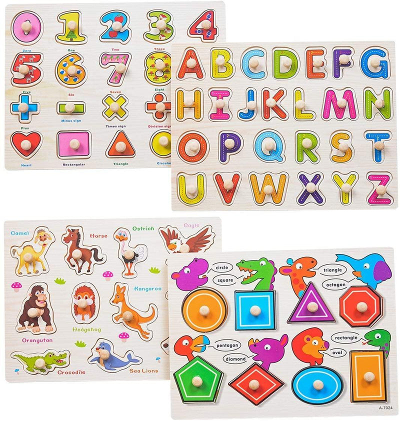 Wooden Alphabet ABC, Numbers and Farm Animals Learning Puzzles Board for Kids Preschool Educational Pegged Puzzles Activity from 3 to 4 years Old - John Cootes