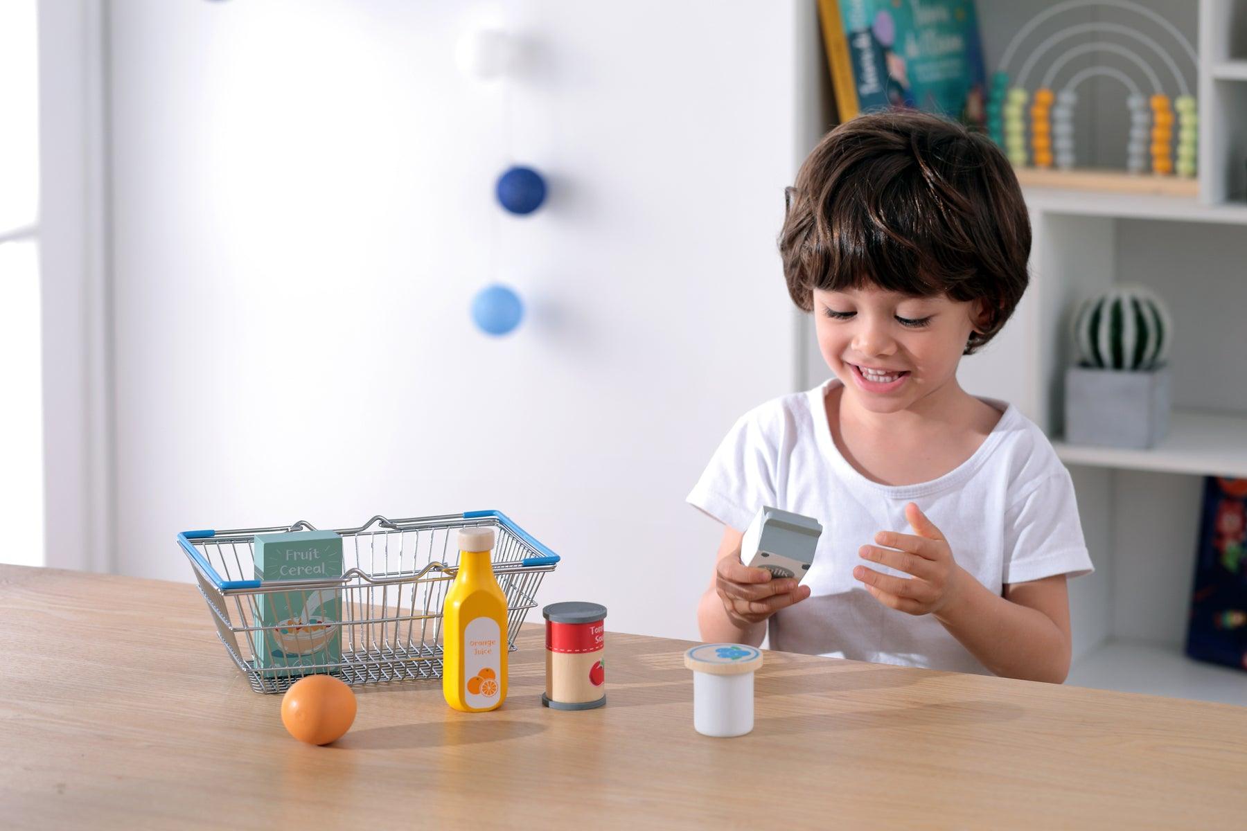 WOODEN GROCERY WITH METAL SHOPPING BASKET - John Cootes