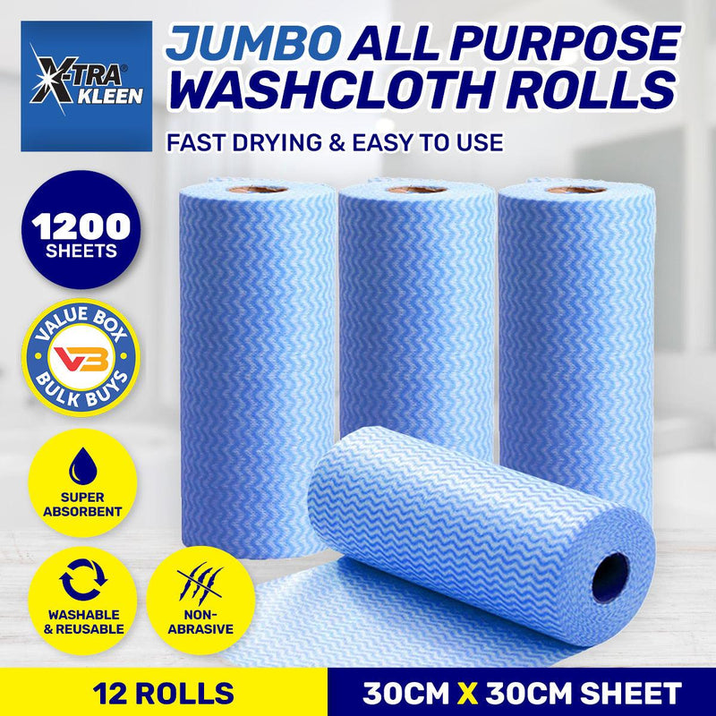 Xtra Kleen 1200PCE All Purpose Jumbo Washcloth Rolls Reusable 30 x 30cm - John Cootes