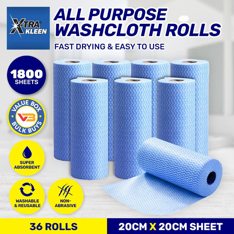 Xtra Kleen 1800PCE All Purpose Washcloth Rolls Reusable Non Abrasive 20 x 20cm - John Cootes