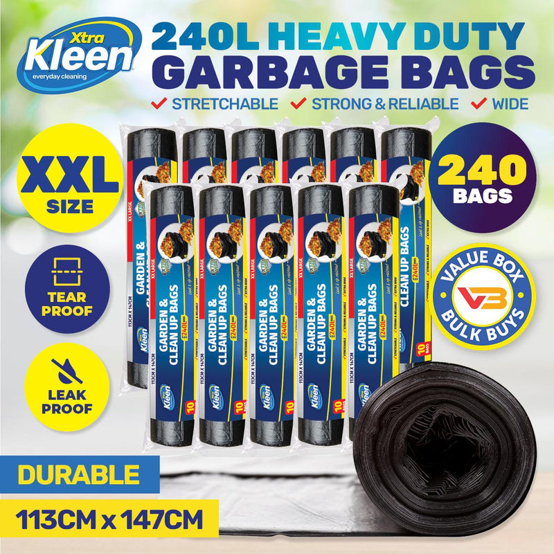 Xtra Kleen 240PCE 240L Garbage Bin Liners XXL Tear & Leak Proof 113 x 147cm - John Cootes