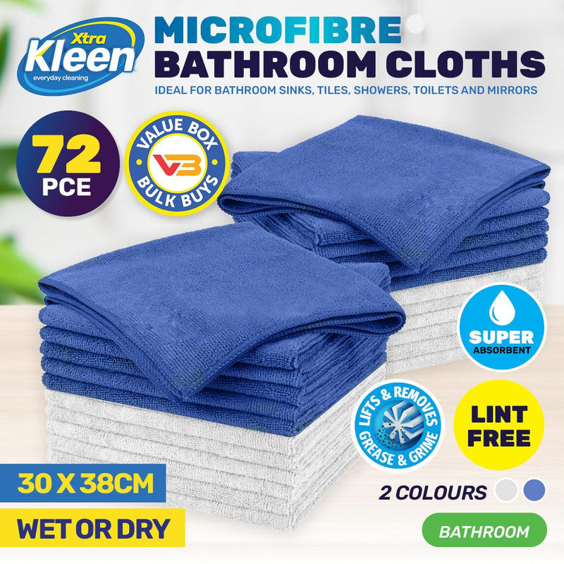 Xtra Kleen 72PCE Microfibre Bathroom Cloths Lint Free Absorbent 30 x 38cm - John Cootes