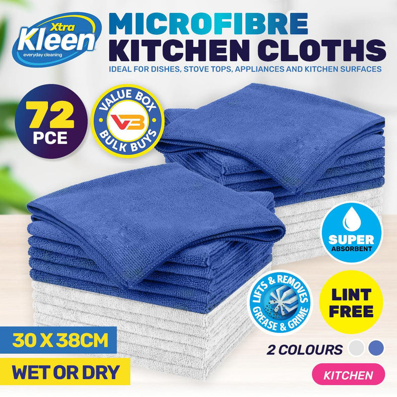 Xtra Kleen 72PCE Microfibre Kitchen Cloth Lint Free Super Absorbent 30 x 38cm - John Cootes