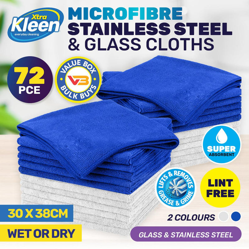 Xtra Kleen 72PCE Microfibre Stainless Steel & Glass Cloth Lint Free 30 x 38cm - John Cootes