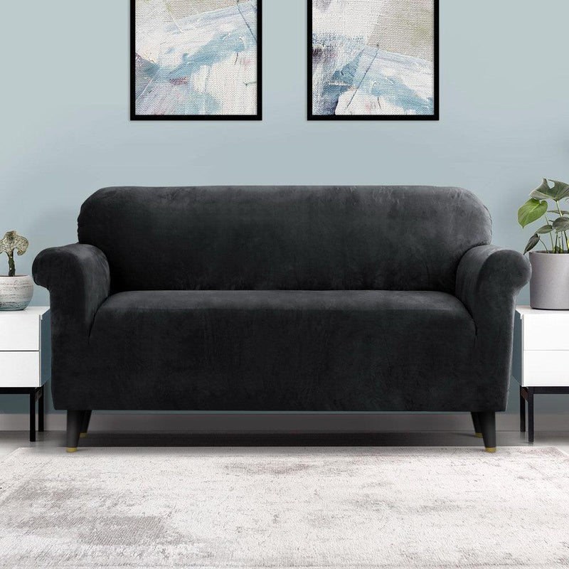 Artiss Velvet Sofa Cover Plush Couch Cover Lounge Slipcover 3 Seater Black - John Cootes